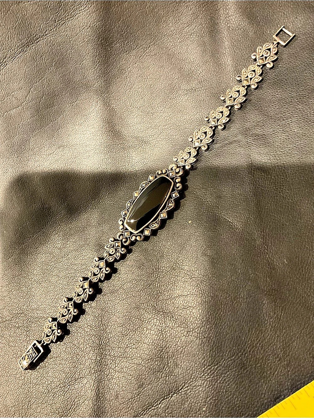 Black stone and darkened sterling silver Filigree Bracelet Like New